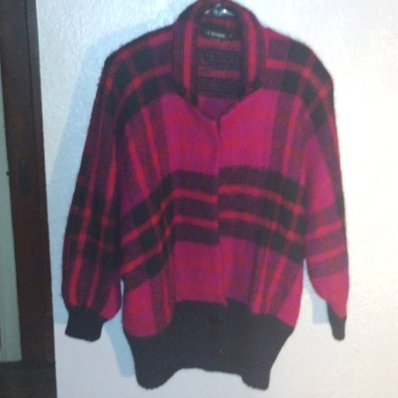 Vintage 1980's Wool Mohair Blend Plaid Sweater Jacket L - Picture 1 of 6